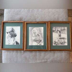 Vintage Original Signed Jim Savage Framed Portrait Sketch Art Set of 3 12” x 15”